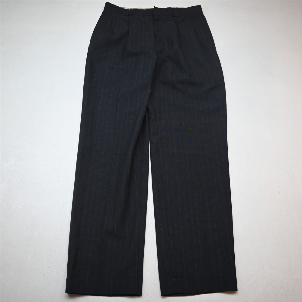 Vtg USA Made 32x32 Blue Striped Wool Pleated Cuffed Classic Dress Mens Pants